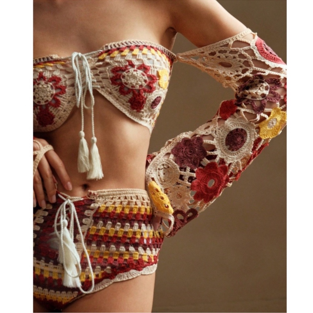 🔥CLEARANCE 🔥Boho Colorful Floral Crochet Semi Sheer Bikini Swimsuit Set XS